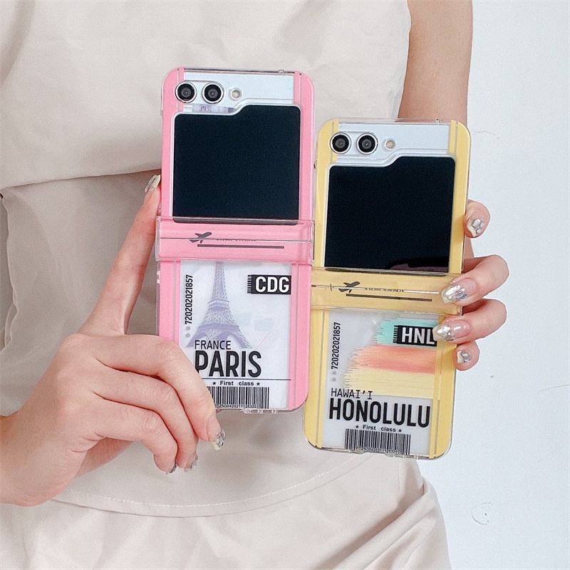 3In1 Pink Plane Ticket Transparent Hard Flip Case For Samsung Galaxy Z Flip 5 4 3 5G Z Flip3 Flip4 Flip5 Phone Cover Case