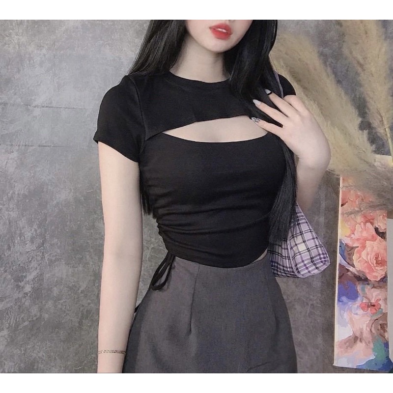 Women's crop top with drawstring waist, personality cutout style alohashop91