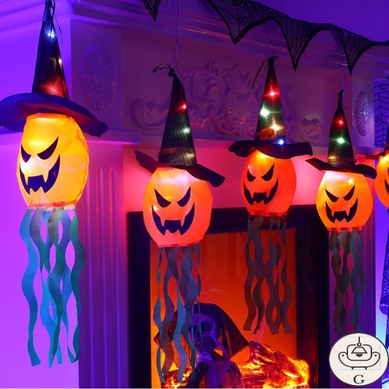 GS Halloween Home Layout Props Scary Face Pumpkin Lantern / Courtyard Night Light Wizard Hat Hanging Lamp