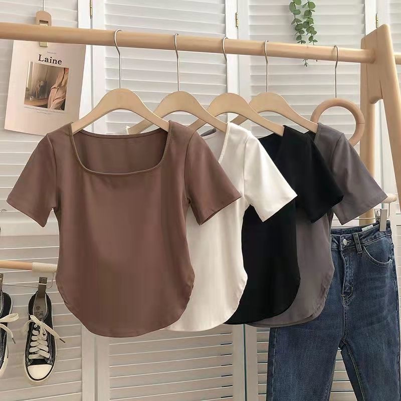 【WJZ】Women's Korean style fashion square collar solid color irregular design short sleeve T-shirt【6733】