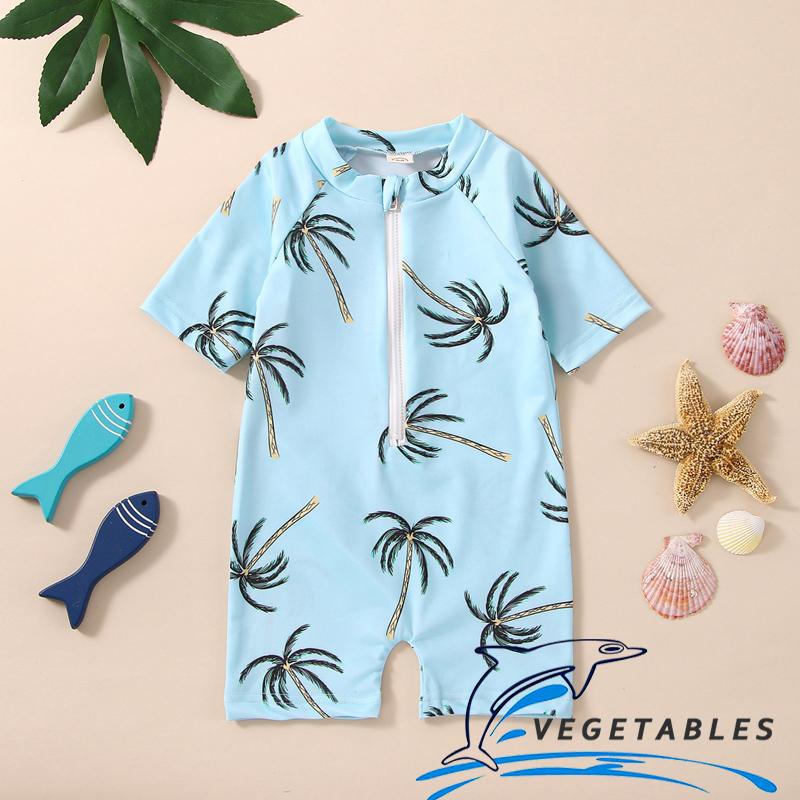 CB-Toddler Girls Boys Summer Romper Swimwear Blue Short Sleeve Tropical Tree Print Zipper Bathing Suit