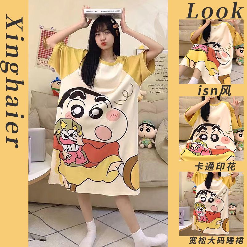 Crayon Shin-Chan Nightdress Mid-Length Skirt Loungewear Women 2023 Summer Cartoon Comfortable Over-the-K