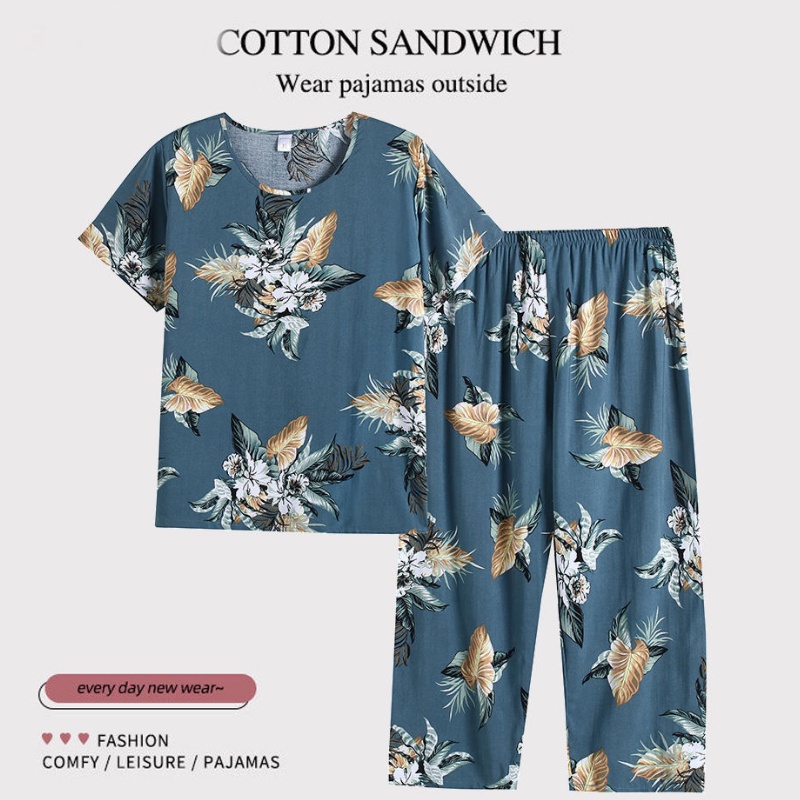 Multi Durable Summer Cotton Silk Casual Suit Plus Size Loose Short Sleeve + Cropped Pants Two Piece Set Have Versatile - Image 2