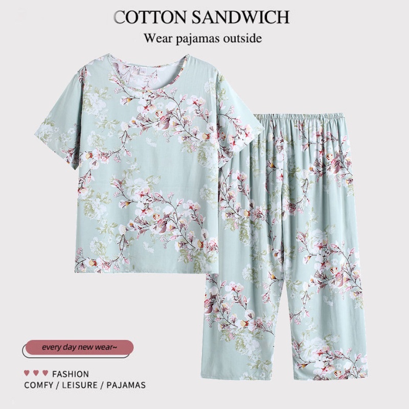 Multi Durable Summer Cotton Silk Casual Suit Plus Size Loose Short Sleeve + Cropped Pants Two Piece Set Have Versatile - Image 3