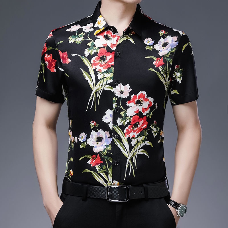 Durable Premium Casual Floral Shirt men 2021 summer new men's short-sleeved middle-aged th - Image 2
