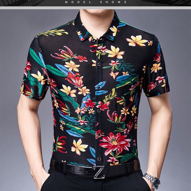 Durable Premium Casual Floral Shirt men 2021 summer new men's short-sleeved middle-aged th - Image 3