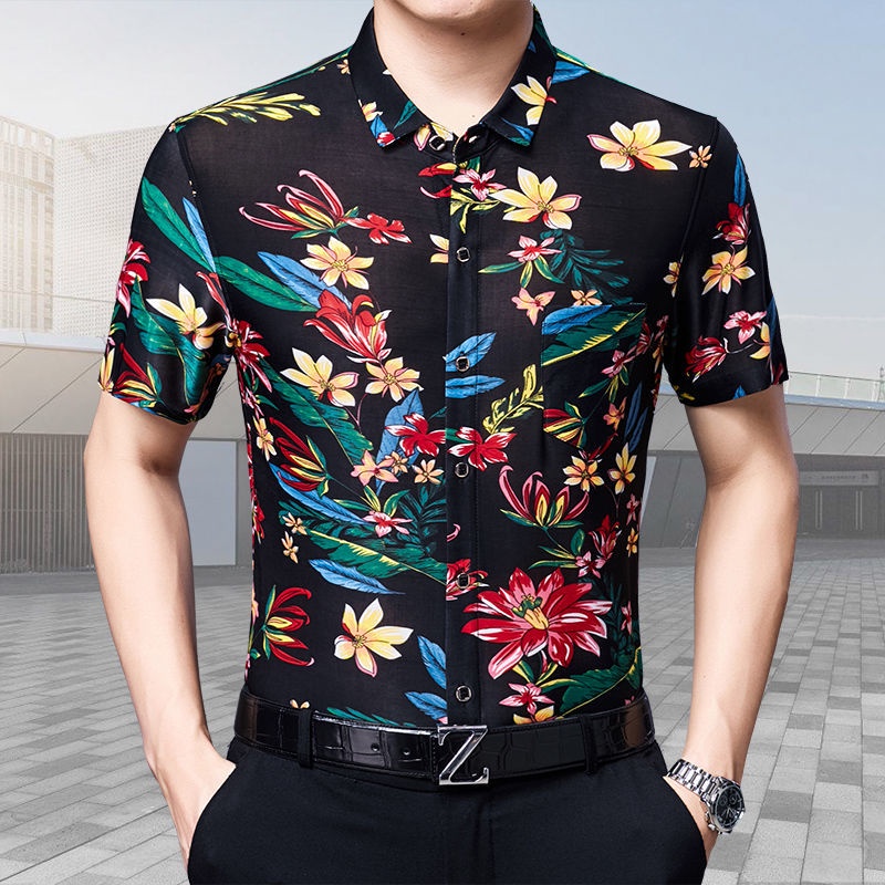 Durable Premium Casual Floral Shirt men 2021 summer new men's short-sleeved middle-aged th - Image 4