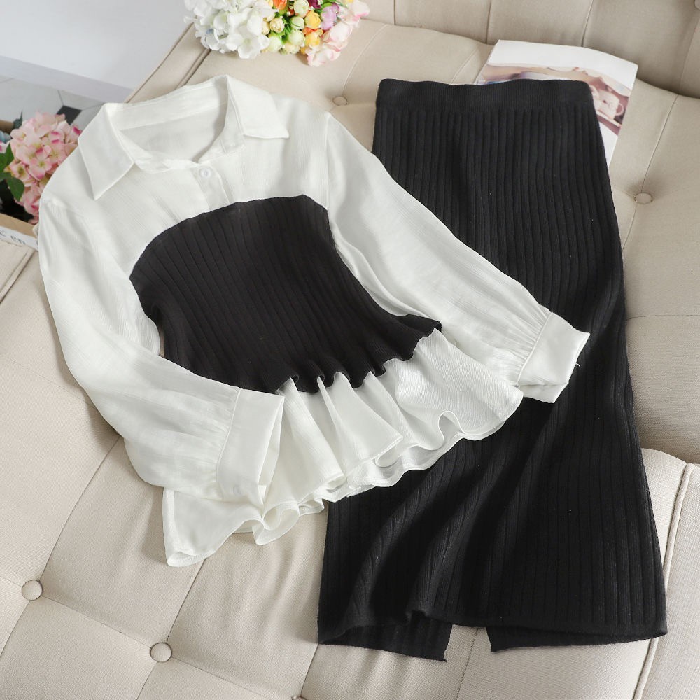 female Daily 2022 Trendy suit autumn winter fashion shirt stitching sweater bag hip skirt two-piece - Image 3