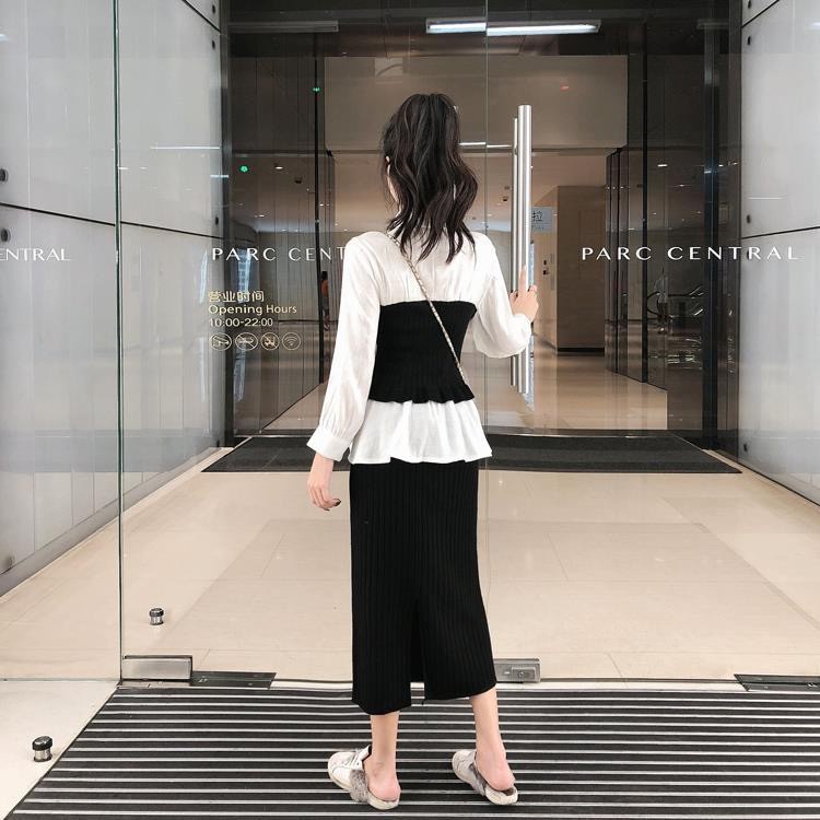 female Daily 2022 Trendy suit autumn winter fashion shirt stitching sweater bag hip skirt two-piece - Image 5