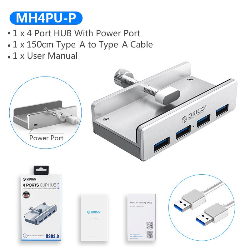 Durable Must ORICO USB 3.0 Clamp Hub Aluminum 4-Port Extra Power Supply Port 150CM Data Cable Desktop - Image 3