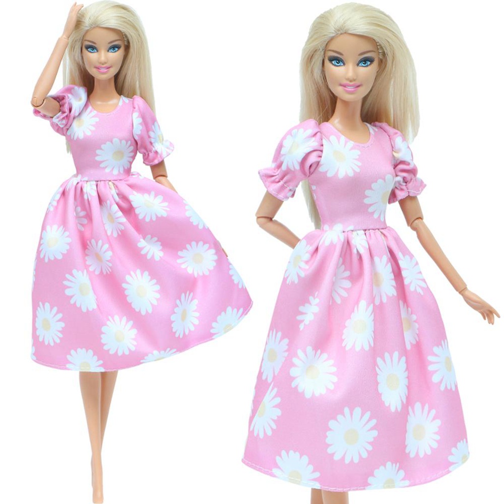 High Quality 1 Set Daisy Floral Flower Pink Dress Daily Casual Wear Sweet Outfit Accessories Clothes for Barbie Doll Gir