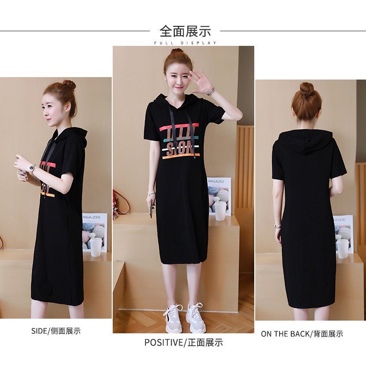 Purpose Versatile MURAH Summer Women Dress Fashion casual hoodie A-line skirt Korean style Large size short sleeve lo... - Image 3