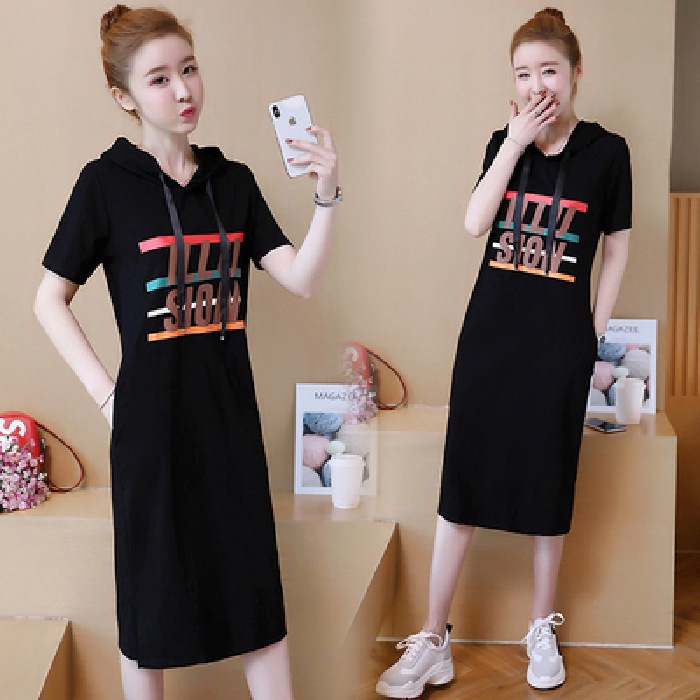 Purpose Versatile MURAH Summer Women Dress Fashion casual hoodie A-line skirt Korean style Large size short sleeve lo... - Image 4