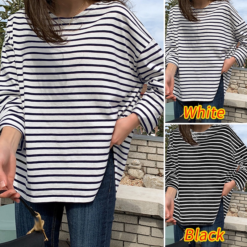 ZANZEA Women Korean Long Sleeves Round Neck Knit Stripe Printed T-Shirts