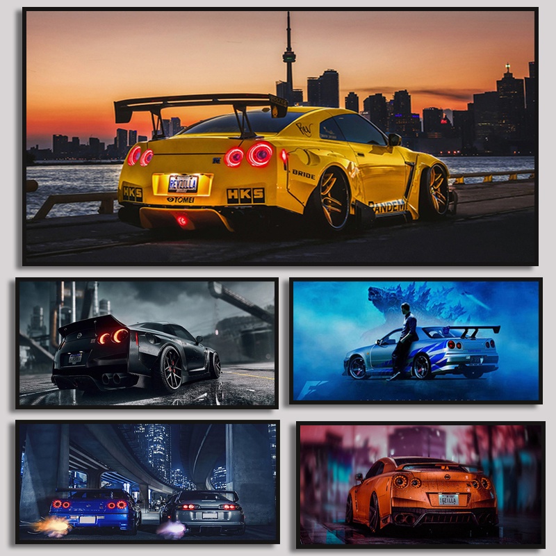 Japanese Black Car Wall Art Picture Nissans Skyline GTR R34 Vehicle Canvas Painting Supercar Poster Print for Living Room Decor