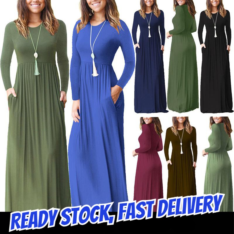 Reay Stock Women's Long Sleeve Maxi Dress Crewneck Loose Plain Casual Empire Waist Long Dresses with Pockets