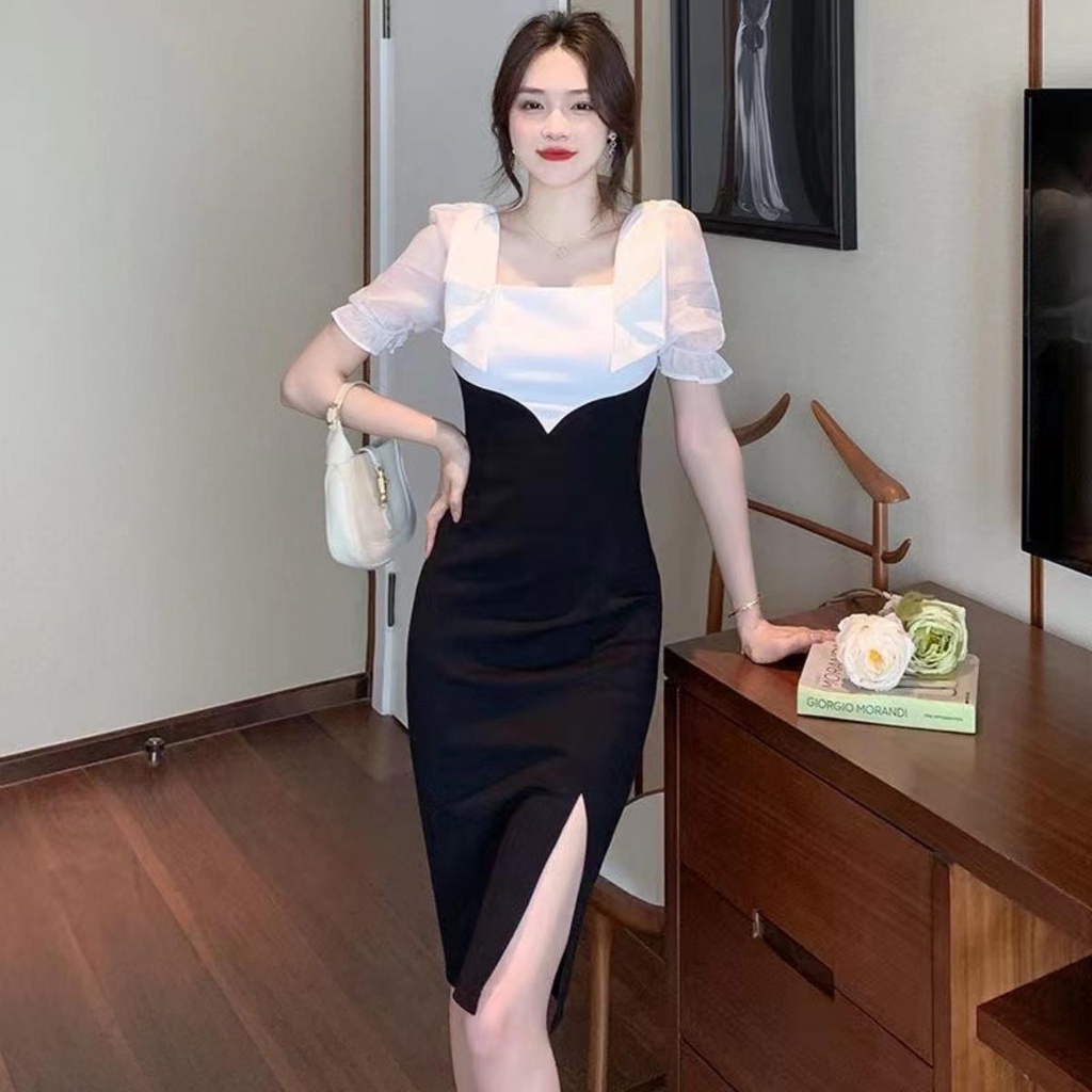 Summer 2023 new French temperament celebrity square neck ruffle panels wrapped hips slim fit short-sleeved dress womenswear