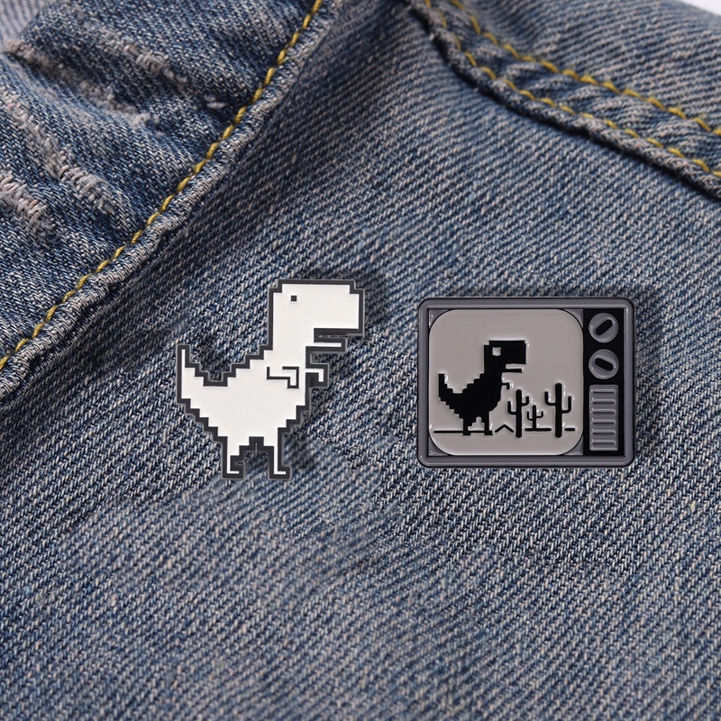 Cartoon Mosaic Black and White Dinosaur Enamel Pin Creative TV Game Badge Brooch Lapel Pin Gift Jewelry for Children and Friends