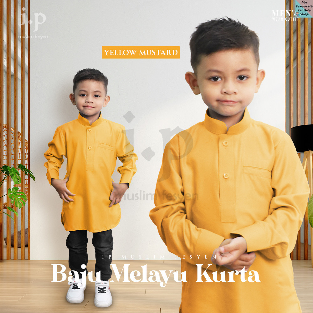 . MUSTARD YELLOW Baju Kurta BUDAK Soft Cotton Slimfit / Size : 0-14 / Baju Raya Baby