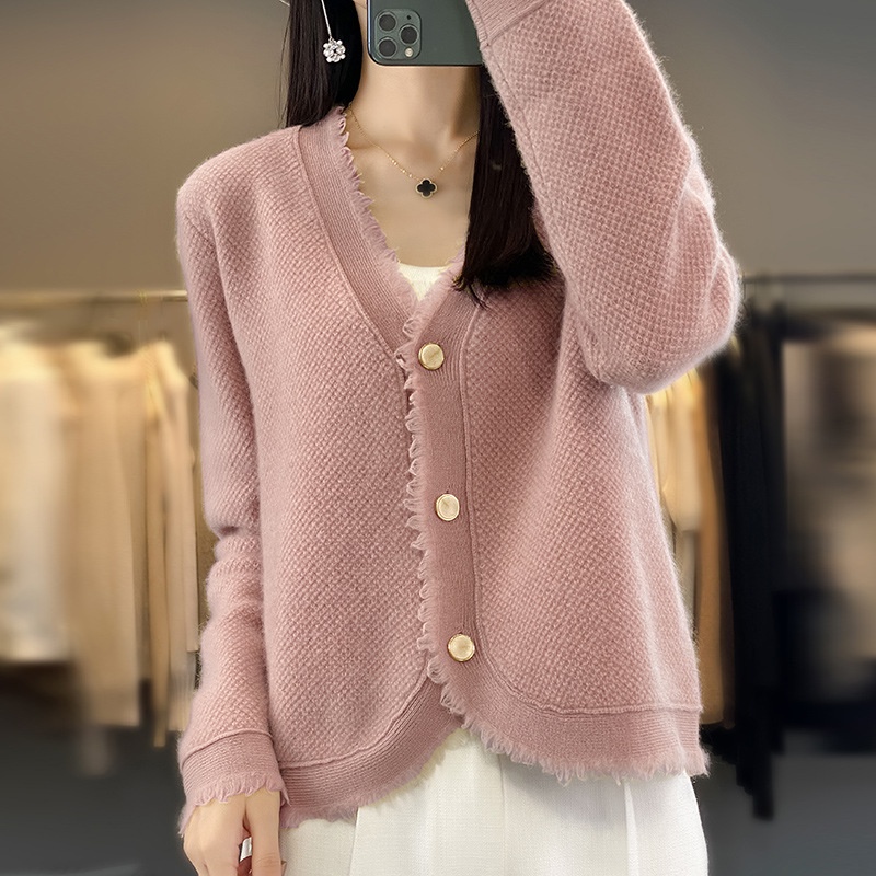 Womens Cardigan Sweaters Fall Open Front Button Down V Neck Long Sleeve Crochet Casual Scallop Hemline Chunky Knit Outerwear