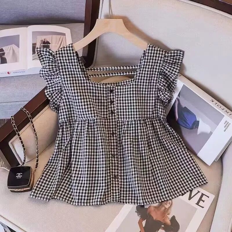 Korean Style Women Cute Sleeveless Tops Square Neck Cutton Blouse Cool Plaid Shirt