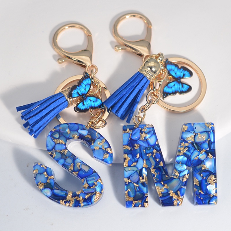A-Z Sequin Filled Resin 26Letter Keychain Fashion Blue Tassel Butterfly Pendant Key Ring for Women Men Car Handbag Accessories