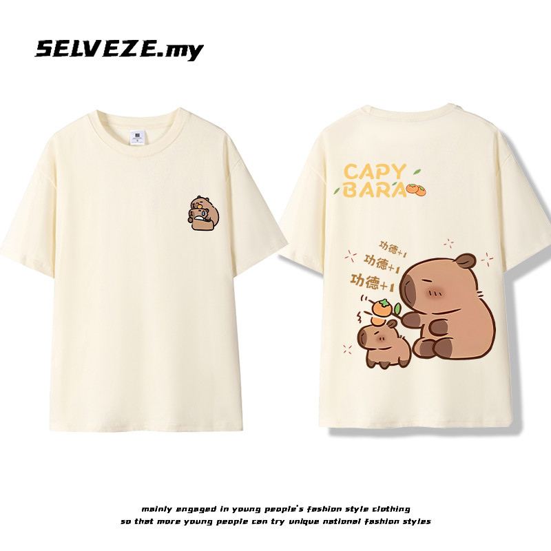P001635*SELVZE Cartoon Cute Capybara Printed Korean Style Loose Women's Short sleeved T-shirt Top 100% Cotton