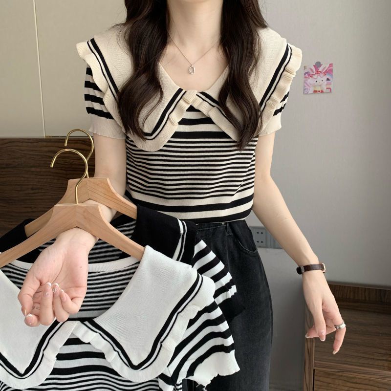 Design Sense Niche T-shirt Short-Sleeved Women's Summer Sweet and Spicy Doll Collar American Vintage Stripe Age-Reducing Knitted Shirt Fashion