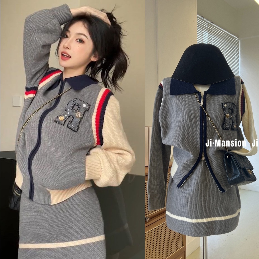 New Korean Set Women's Fashion Versatile Polo Neck Knitted Cardigan+High Waist Skirt