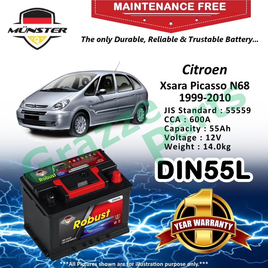 Münster Robust MF CMF DIN55 | DIN55L | 55559 55AH Car Battery Bateri Kereta Citroen Xsara Picasso VT
