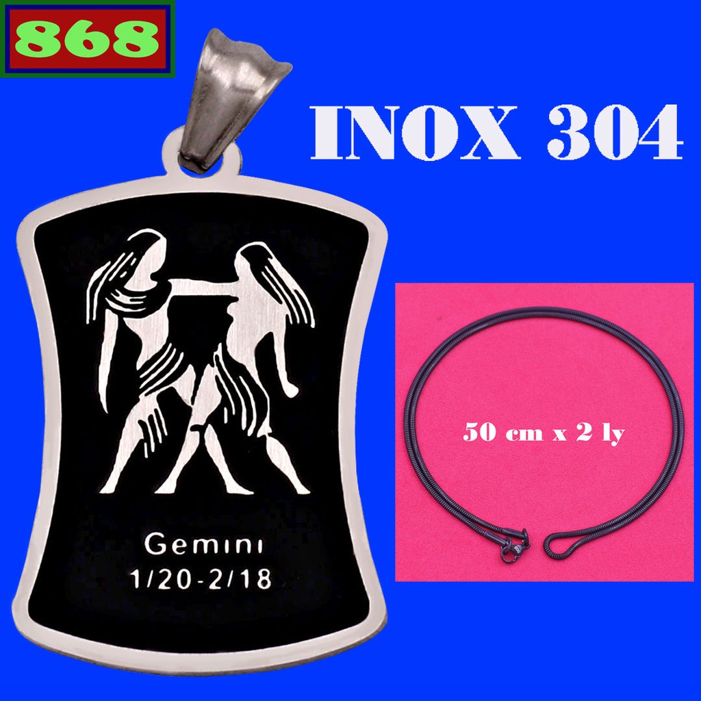 Zodiac - Stainless steel Gemini pendant (Gemini) with black solid stainless steel chain