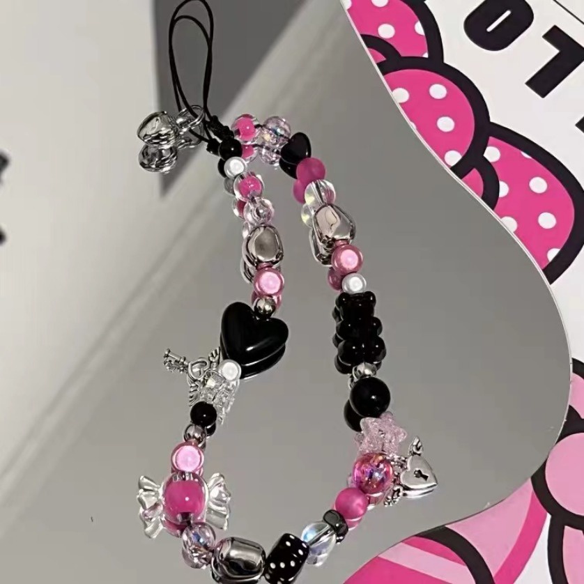 Y2K Black Pink Cool Cellphone Lanyard Fashion Jewelry Gifts Telephone Beaded Chains Mobile Phone Accessories Bracelet Keychain Phone Lanyard