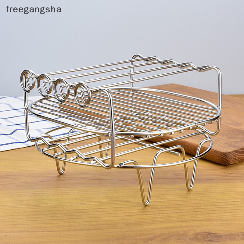 [FREG] Stainless Steel Airfryers Double Layer Rack Versatile Round Roasg Rack Grill Rack With Skewers Baking Tray Airfryers Holder FDH