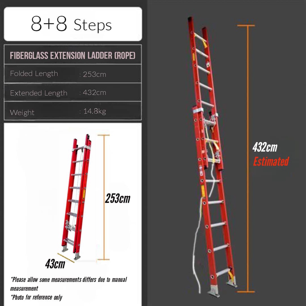 2.5m 8Feet Double Extension Fiberglass Telescopic Ladder Roped Operated Multi Purpose Foldable Ladde