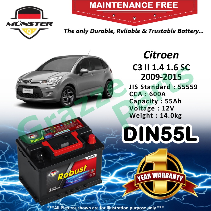 Münster Robust MF CMF DIN55 | DIN55L | 55559 (55AH) Car Battery Bateri Kereta for Citroen C3 II 1.4 