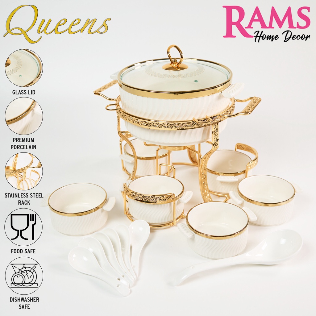 Queens 16 Pcs Premium Porcelain Embossed Round Soup Set / Food Warmer Gold / Buffet Set Gold / Bekas Makanan