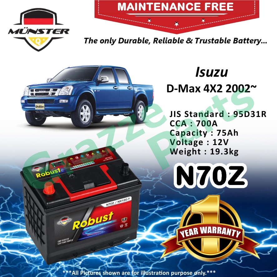 Münster Robust MF CMF N70Z | N70ZR | NX120-7R | 95D31R (75AH) Car Battery Bateri Kereta Isuzu D-Max 