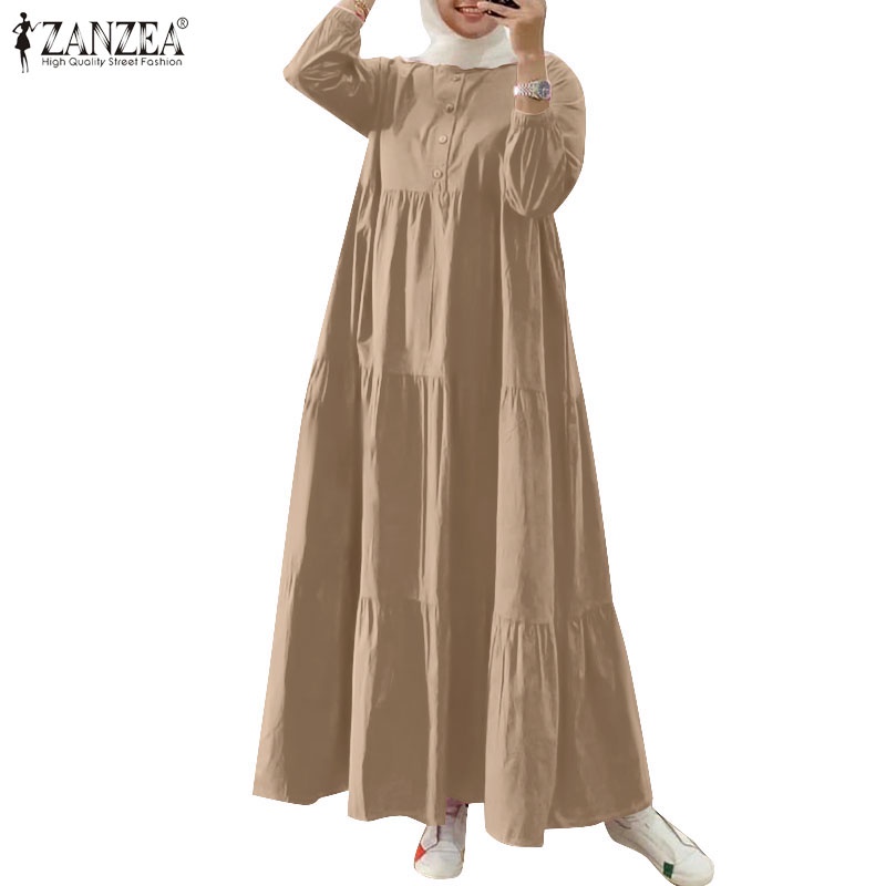 ZANZEA Women Muslim Daily Nine Quarter Sleeve Cuff Front Buttons Elastic Multi layered Split Ruffle Dress