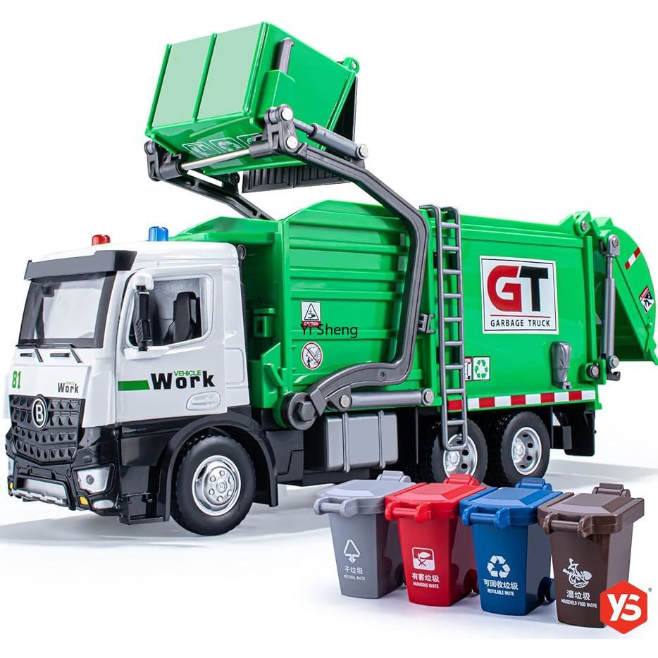 Sent quickly from MalaysiaBig Size1/18 Scale Garbage Truck Toys Metal Cab,Friction Powered Waste Management Garbage Truck with Lights and Sounds,Recycling Truck Toy Gift for Kids