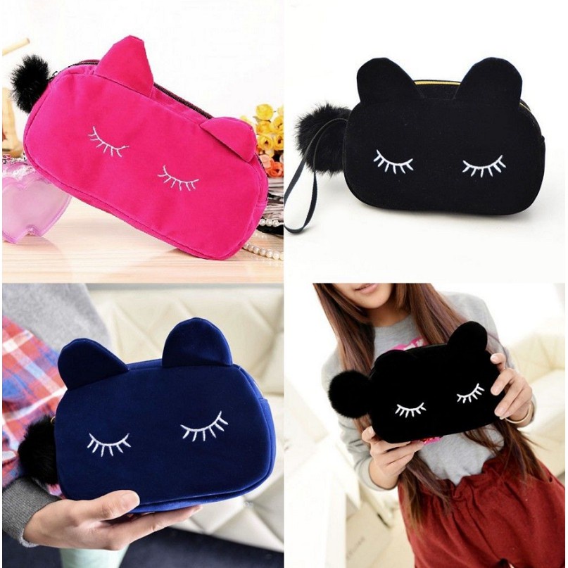 Fashion Outdoor Cute Flannel Cartoon Cat Cosmetic Makeup Storage Bag Pen Pencil Pouch Cases - Image 3