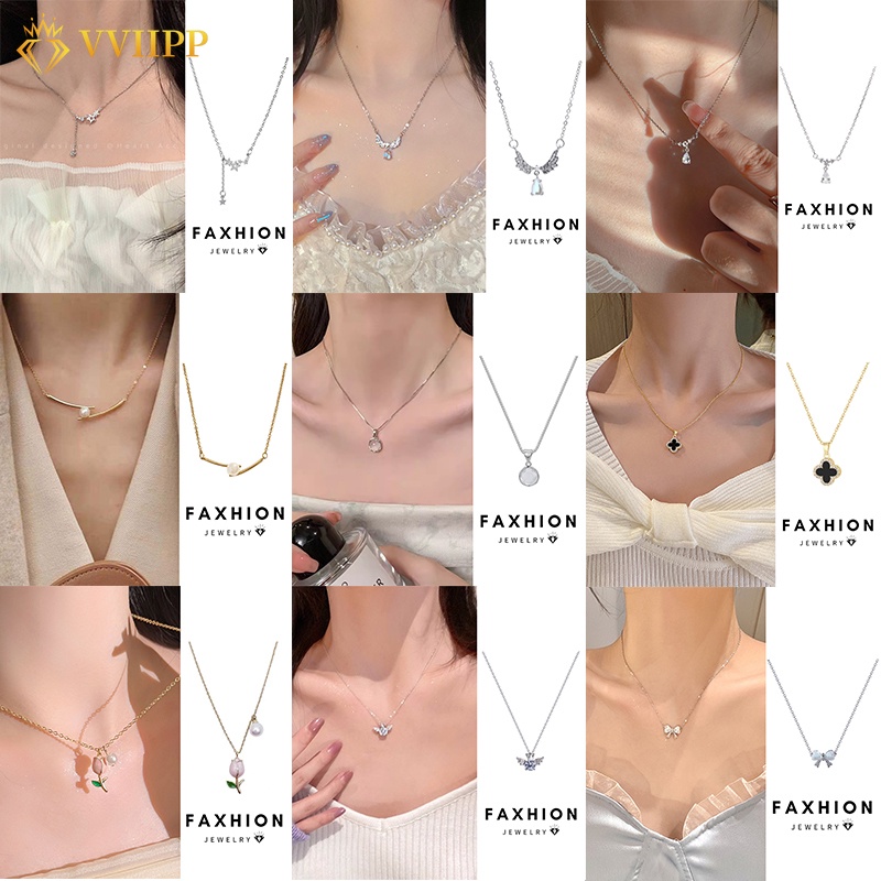 Ifme Simple Butterfly Tulips Necklace for Women Elegant Zircon Crystal Bow Clover Heart Pearl Beads Necklaces Gold Silver Chain Accessories Jewelry