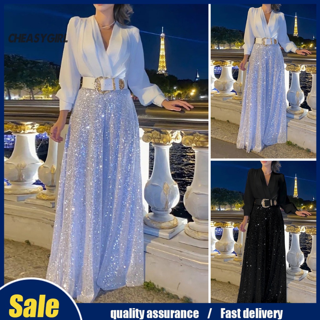 cheasygirl Ladies Jumpsuit Lantern Sleeve Jumpsuit Sparkling Sequin Wide Leg Jumpsuit Elegant Party Evening Wear for Southeast Asian Fashionistas