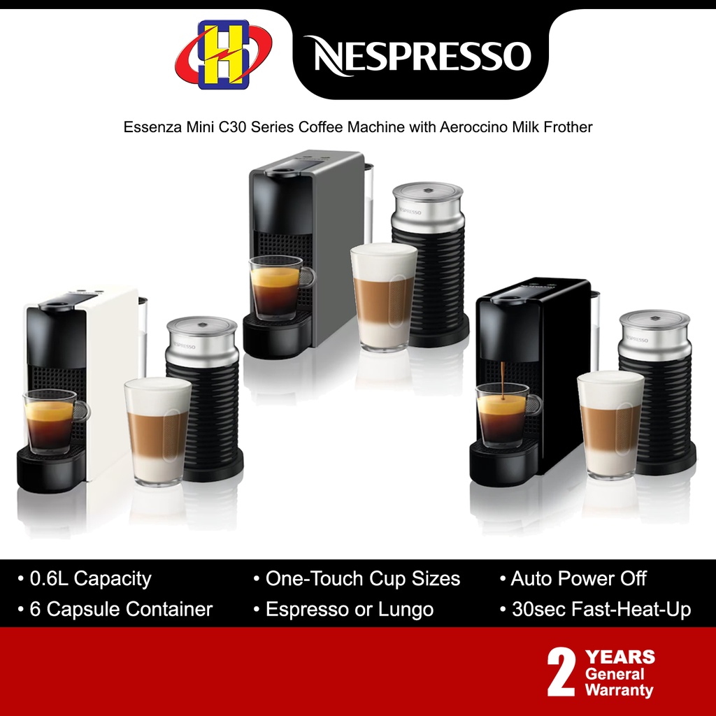 Nespresso Essenza Mini Coffee Machine (0.6L) with Milk Frother C30 Series A3C30-ME-WH-NE2 / GR / BK