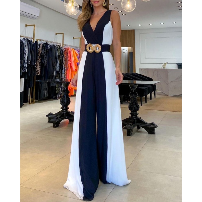 European American Women's V-Neck Sleeveless Color-Blocking Wide-Leg Jumpsuit Trousers-Without Belt