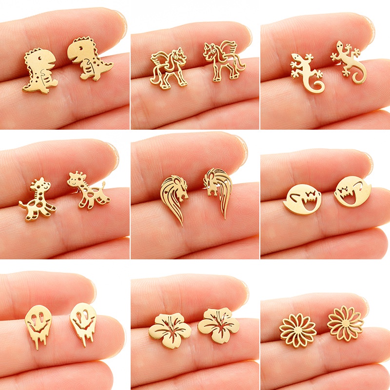 New Stainless Steel Cartoon Dinosaur Unicorn Giraffe Flower Ghost Earrings Fashion Stud Earrings for Women Gold Rose Gold Black Silver
