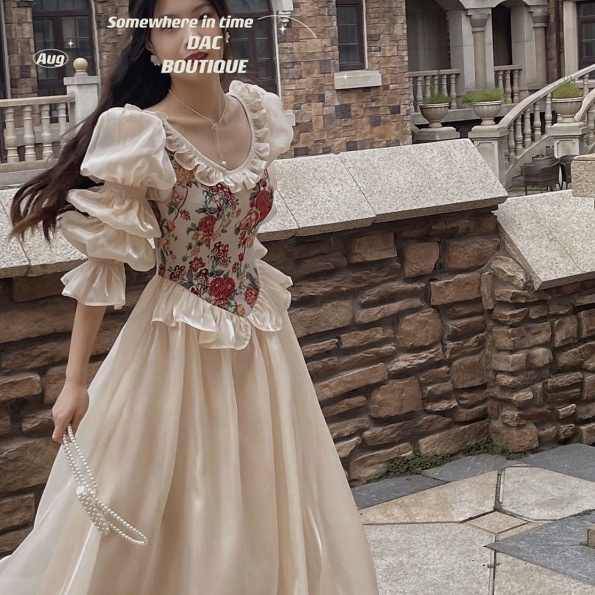 New French Retro Court Style Round Neck Bubble Long Sleeved Princess Dress Fairy