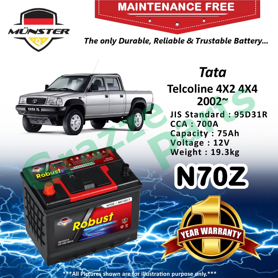 Münster Robust MF CMF N70Z | N70ZR | NX120-7R | 95D31R (75AH) Car Battery Bateri Kereta for Tata Tel
