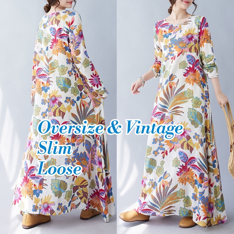 Women's Casual Summer Maxi Dress Long Sleeve Cotton linen Floral Long Dress Vintage Beach Holiday Sun Dresses