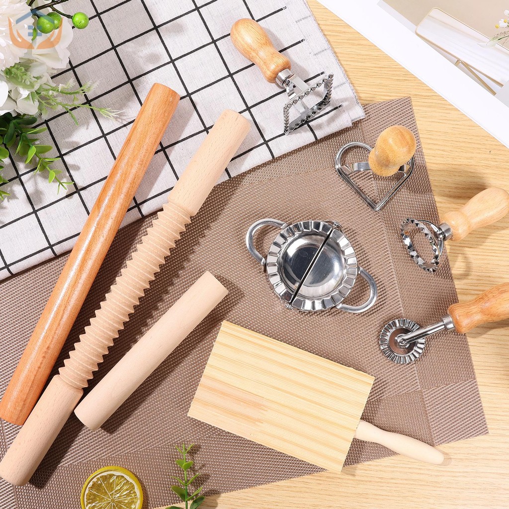 9 Pcs Pasta Making Tools DIY Pasta Making Kit Versatile Pasta Making Tool Set with Gnocchi Board Dough Cutter Dumpling Maker Ravioli Stamp Cutters Rolling Pins SHOPSKC7374