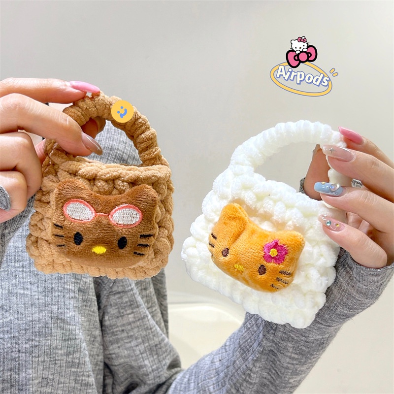 NEW Style Cute KT Cat Knitted Plush Mini Coin Purse Bag For Airpods Bluetooth Earphone Storage Bag AT